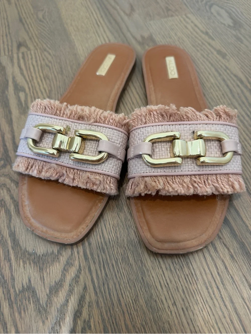 ALDO Blush Pink Fringe Slide Sandals with Gold Chain